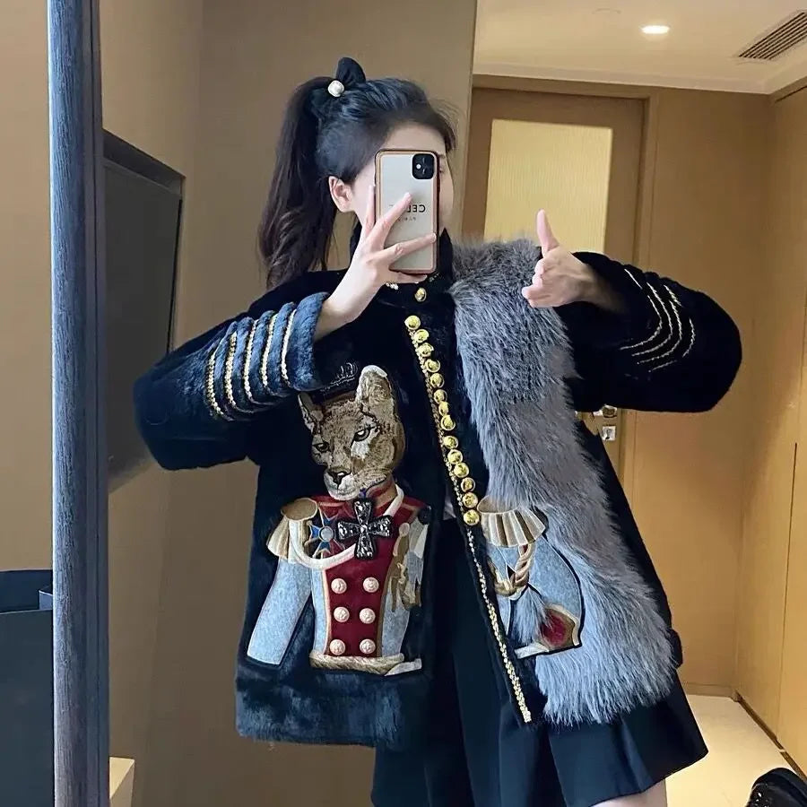 Chic Cartoon Embroidery Faux Mink Fur Faux Leather Spliced Coat Retro Metal Buttons Velvet Jacket OL Furry Cardigan Tops Jaqueta