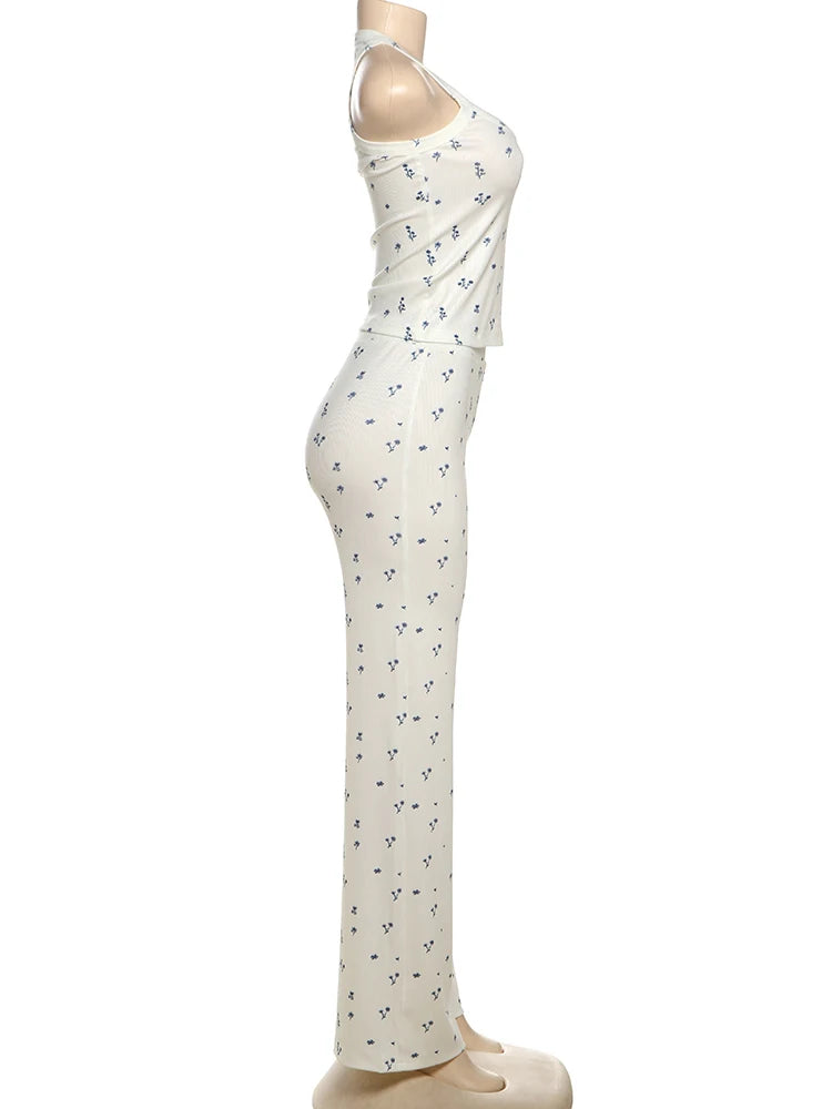 Weird Puss Casual Ribbed 2 Piece Set Women Flower Print Squard Collar Tops+Straight Pants Matching Daily Simple Elegant Suits