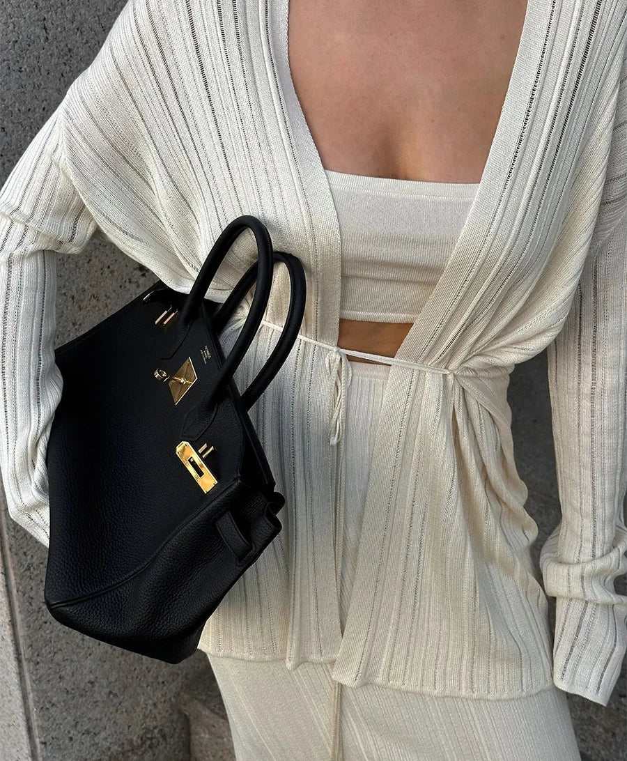 Vest Sweater 3-piece SetWomen's Minimalist Autumn Winter Knit Set Cardigan Camisole Skirt Loose Design Solid Color