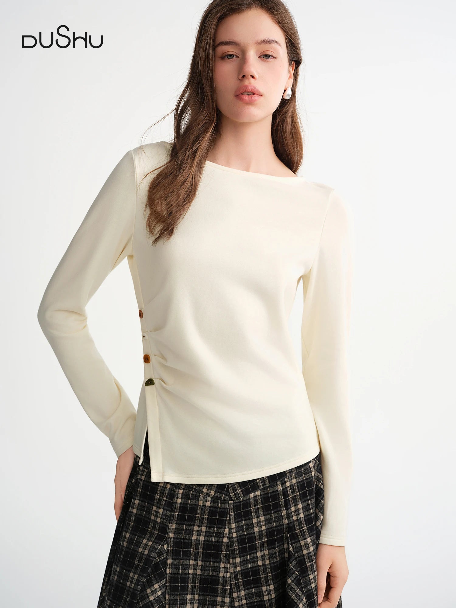 DUSHU 2025 Women's Velvet Fleece Side Slit T-Shirt - Thermal Brush Irregular Hem Slim Fit Long Sleeve Top for Casual Comfort