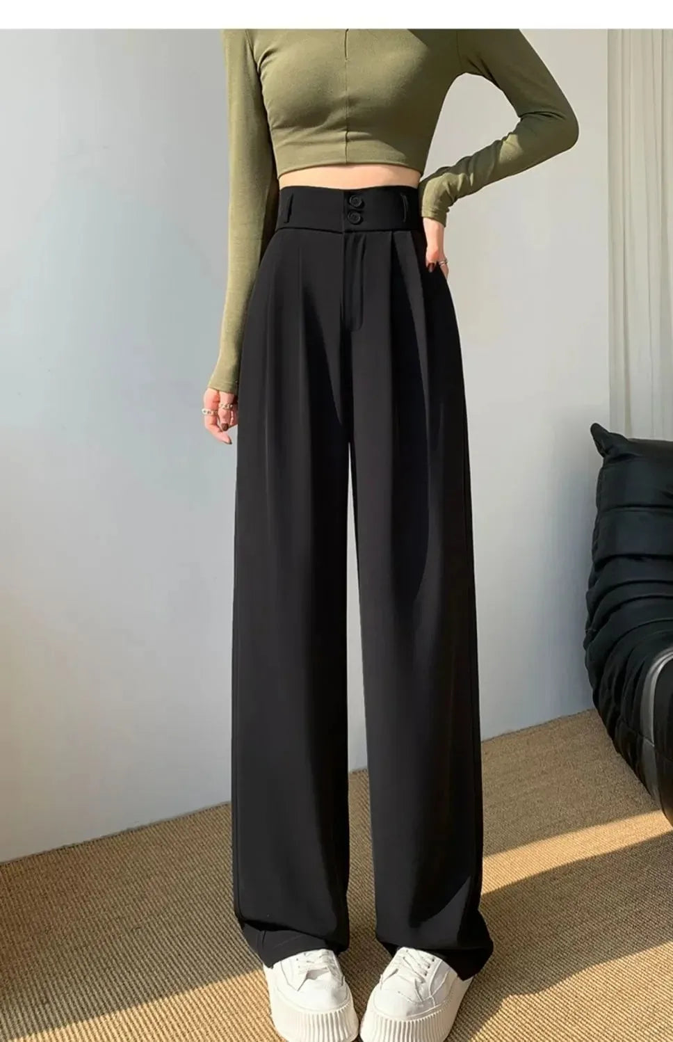 Korean style high waisted black loose pants for office ladies, fashionable loose suit pants for street wear, straight leg pants