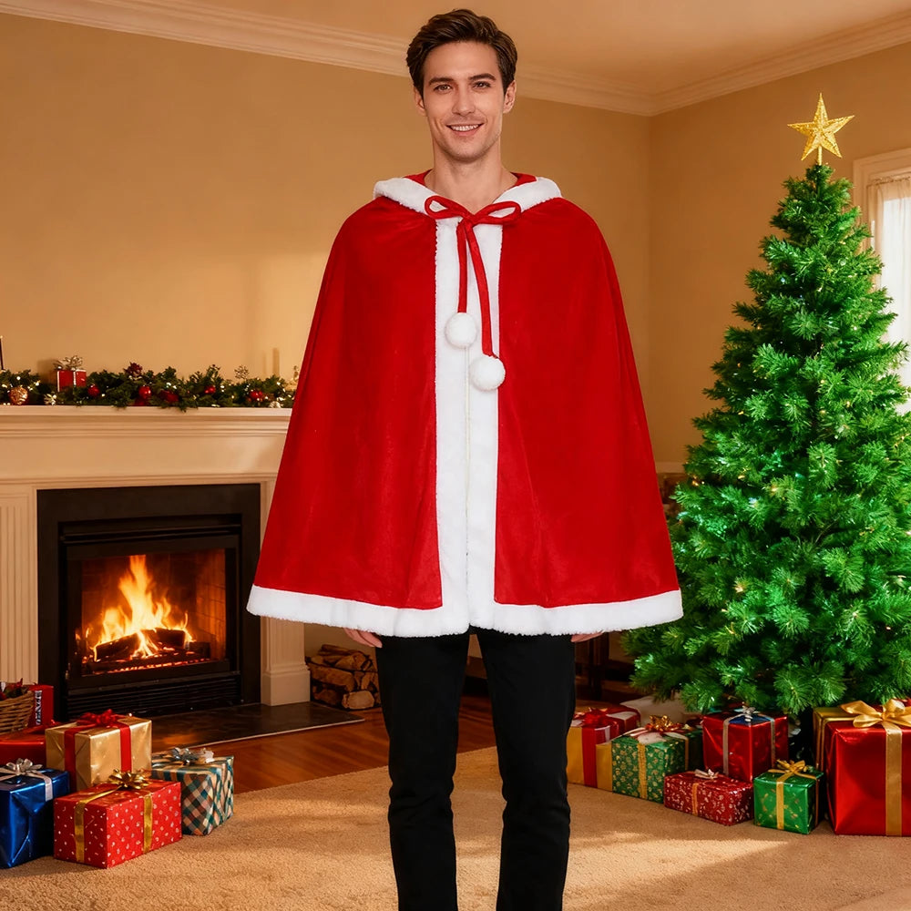 1pc Christmas Red Cloak, Novelty Red Short Cape, Long Hooded Cape Robe, Velvet Costume for Cosplay, Stage Performance Cloak