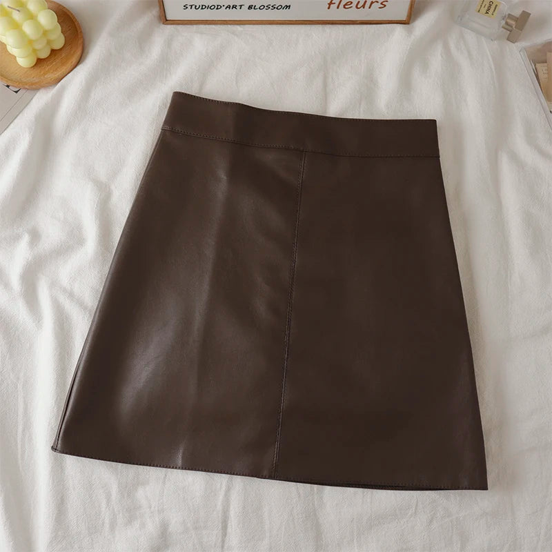 Faux Leather Mini Skirt for Women High Rise A-line PU Short Skirt with Built-in Shorts Black Brown Autumn Winter Trend Outfit