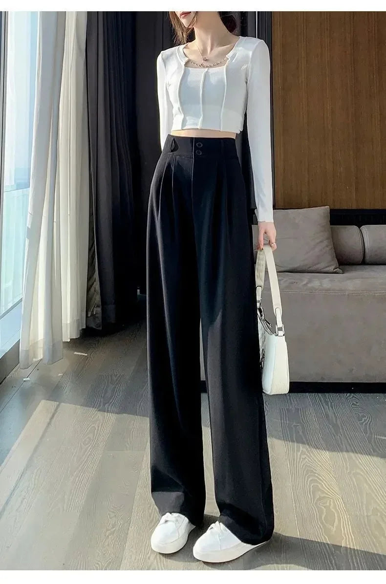 Korean style high waisted black loose pants for office ladies, fashionable loose suit pants for street wear, straight leg pants