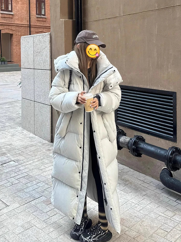 Winter Thick Long Hooded Down Jacket Female Solid Warm Outdoor Parkas Outwears Women White Duck Down Knee Length Down Jackets