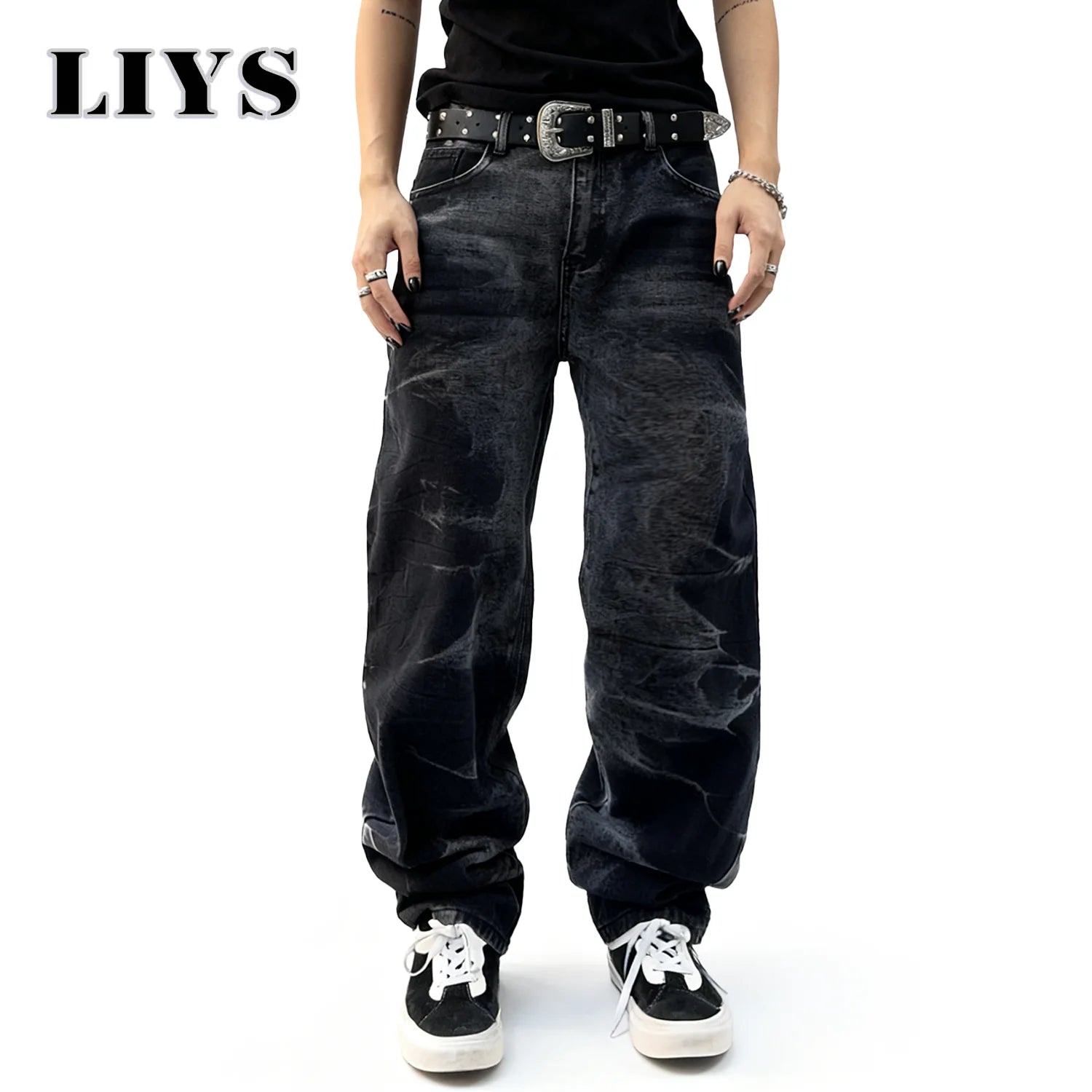 Autumn Men's Black Personalized Straight Leg Retro Jeans American Street Splashed Ink Loose Unisex Denim Pants Trendy Trousers