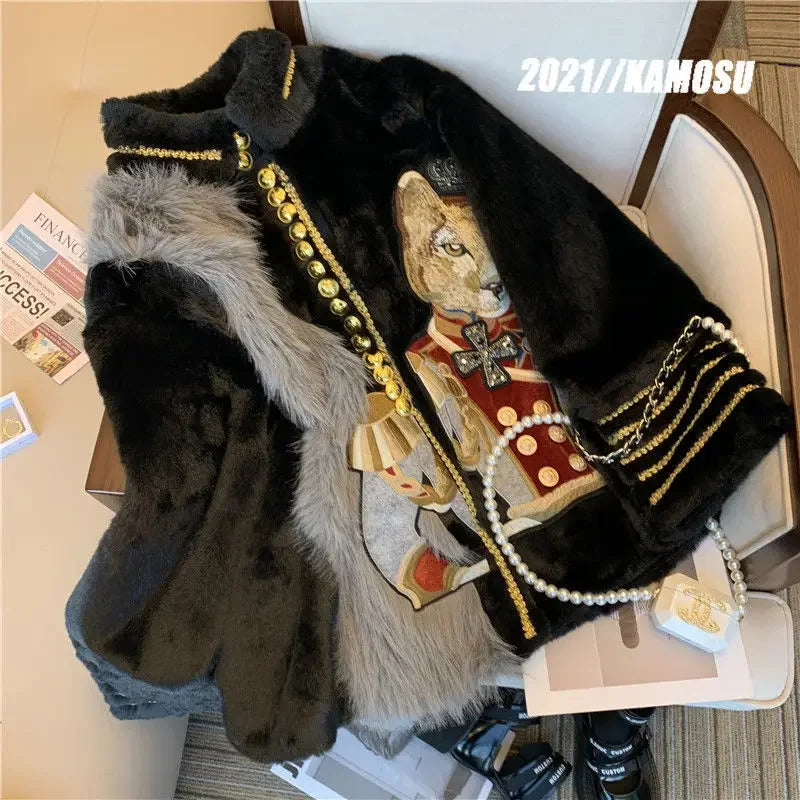 Chic Cartoon Embroidery Faux Mink Fur Faux Leather Spliced Coat Retro Metal Buttons Velvet Jacket OL Furry Cardigan Tops Jaqueta