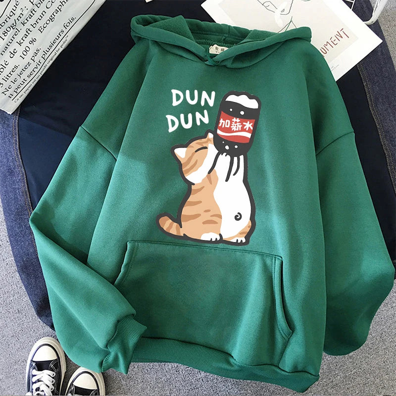 Cat Drinking Beverages Print Sweatshirts Clothes Women Casual 90s Kangaroo Pocket Hoodies Unisex Fashion Funny Hooded Pullovers