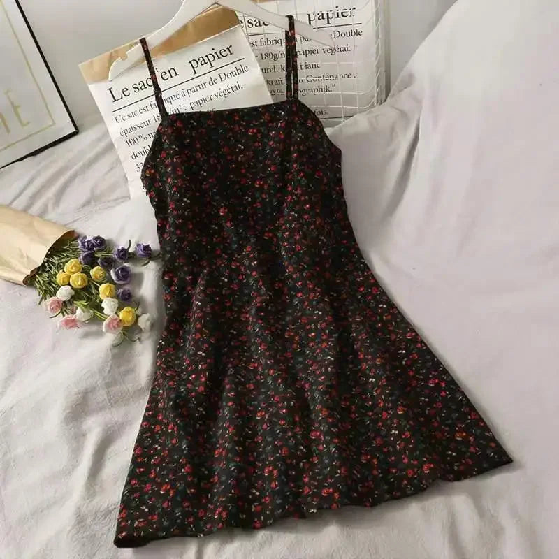 Summer New Retro Print Short Backless Dress Women High Waist Slim Sleeveless Floral Halter Skirt Mini Dress Female Fashion