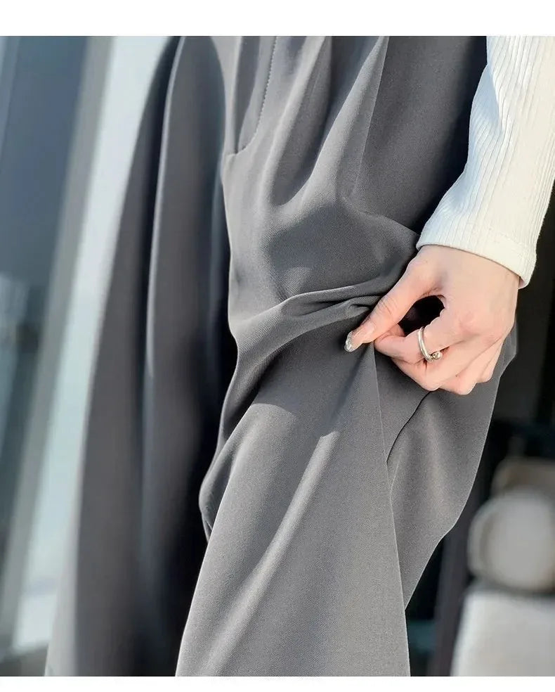 Korean style high waisted black loose pants for office ladies, fashionable loose suit pants for street wear, straight leg pants