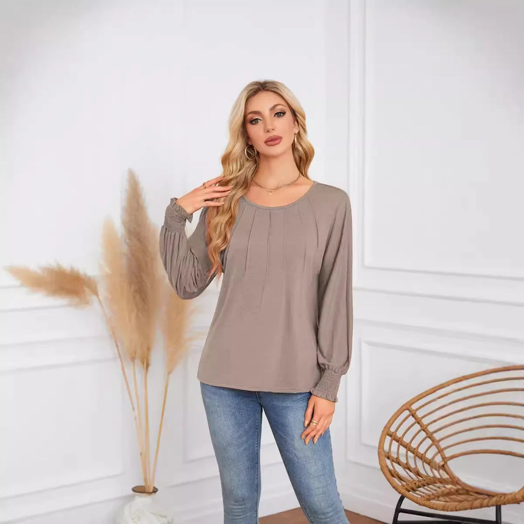 Woman Clothes Solid Color Pleated Top Round Neck Lantern Sleeves Loose Fit Multi Color Options Casual Outings Daily Wear