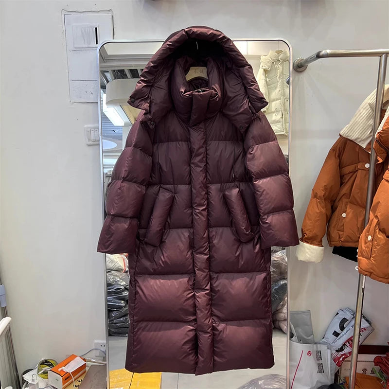 Winter Thick Long Hooded Down Jacket Female Solid Warm Outdoor Parkas Outwears Women White Duck Down Knee Length Down Jackets