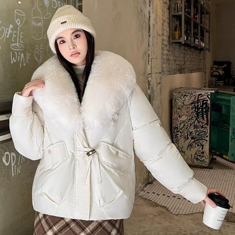 New Parkas Women Winter Jacket Warm Big Hair Collar Hooded Down Cotton Coat Korean Short Cotton Padded Jacket Female Outerwear