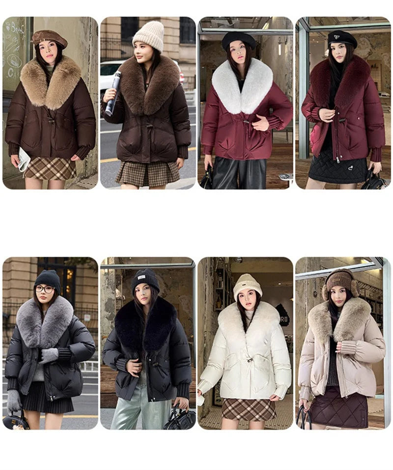 2025 Fashion Big Fur Collar Down Cotton-padded Jacket Women's Short Parkas Winter Streetwear Outerwear Lady Thicken Loose Coats