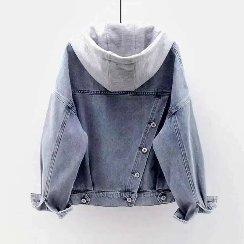 Spring Autumn Long Sleeves Hooded Women Denim Coat Jacket Korean Big Pockets Jean Jacket for Women Fashion Single-breasted Tops