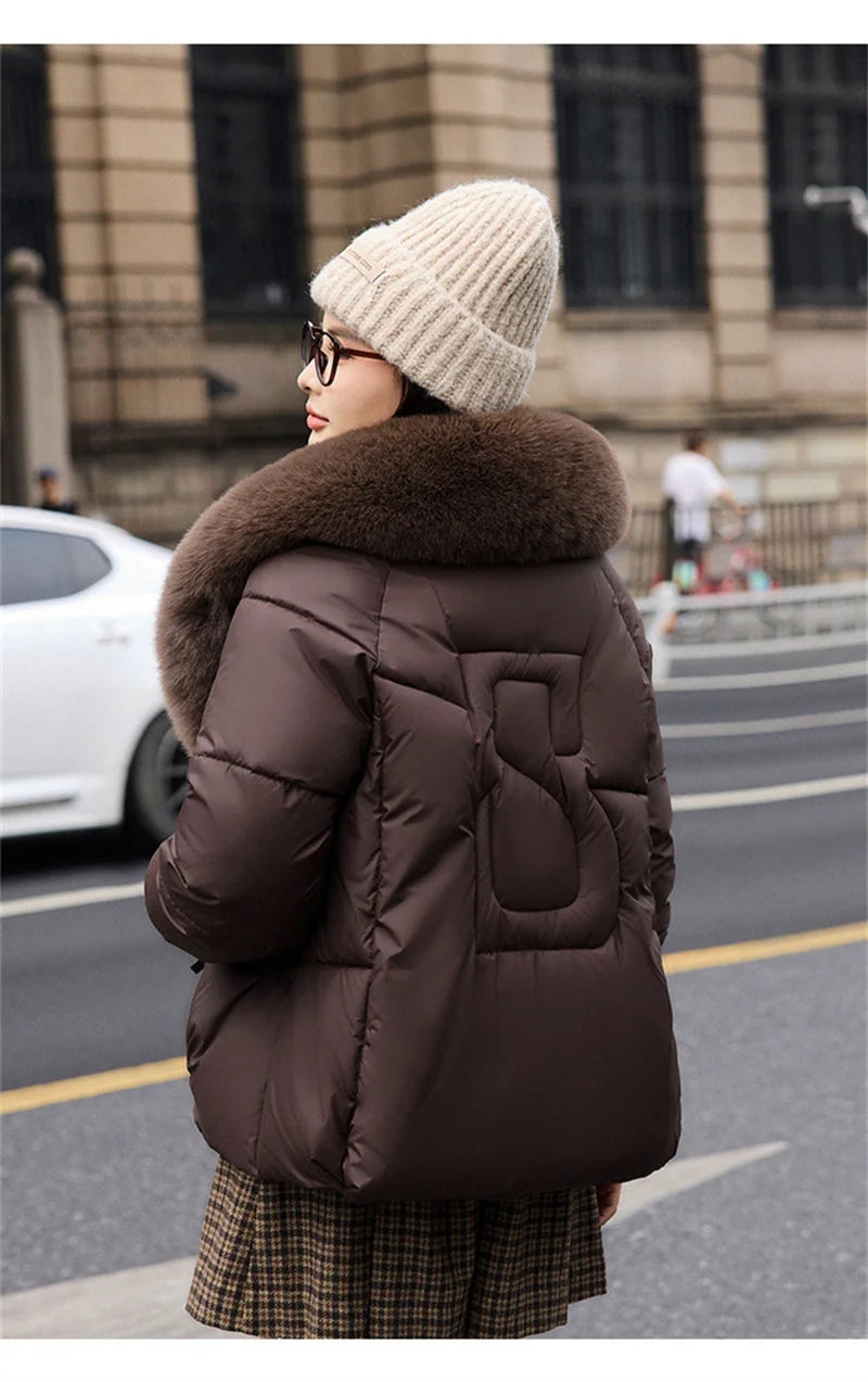 2025 Fashion Big Fur Collar Down Cotton-padded Jacket Women's Short Parkas Winter Streetwear Outerwear Lady Thicken Loose Coats