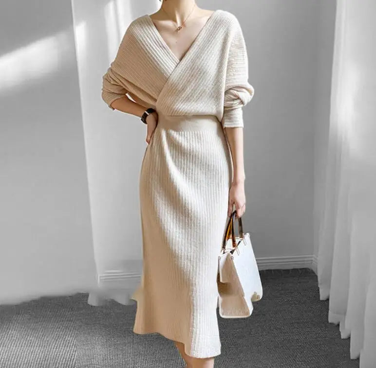 New Autumn/Winter Fashion Long Sleeve V-neck Knitted Solid Color Slim Fit Dress For Women,5 Colors