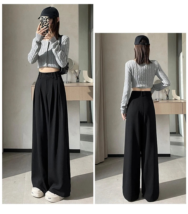 High Waist Autumn Winter Vintage Button Women's Wide Leg Pants 2025 New Loose Solid Korean Straight Full Length Trousers Female