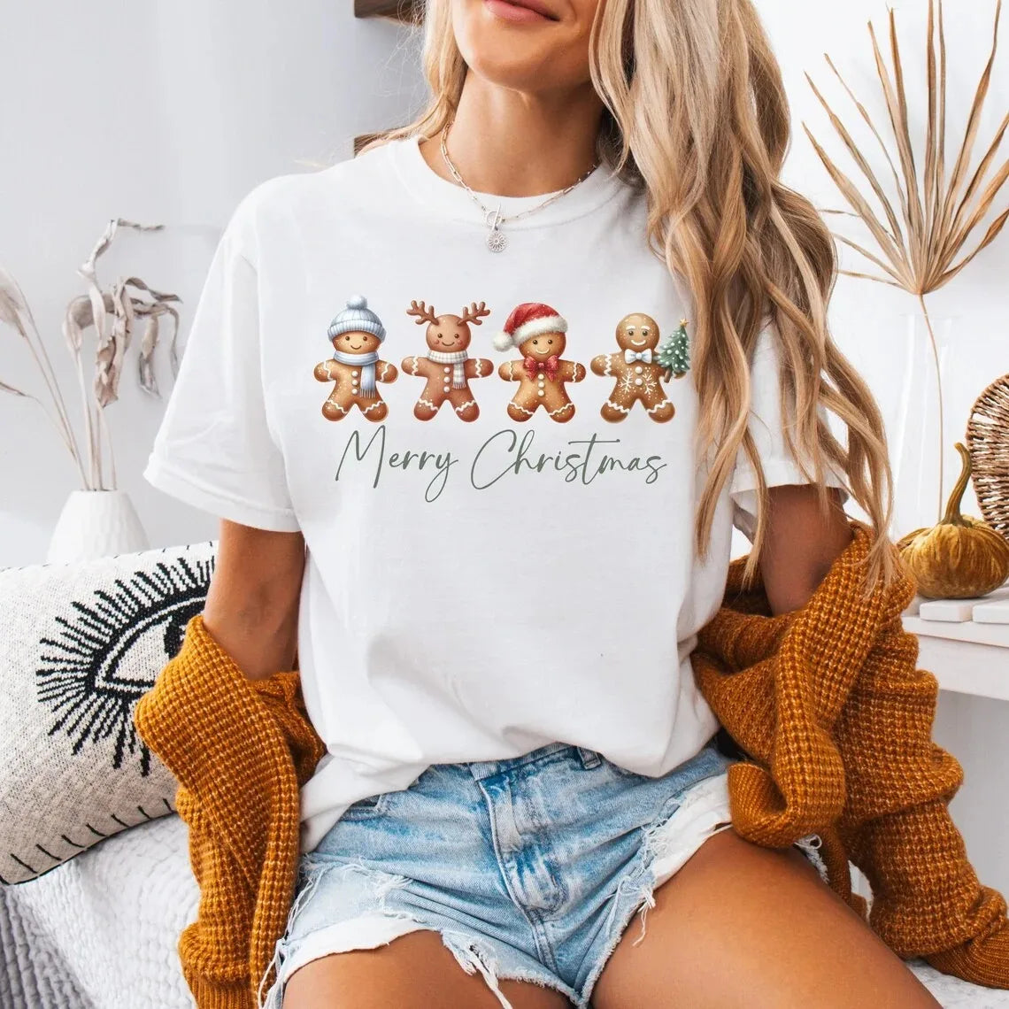 Christmas Gingerbread Shirt Short Sleeve Round Neck Casual Top Washable Holiday Party Tee for Women, Gnome Gift