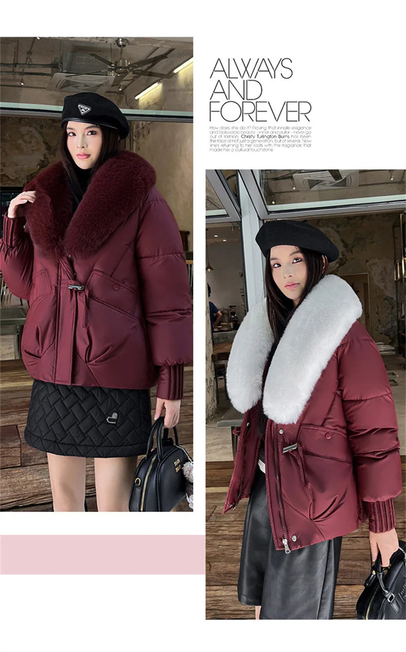 2025 Fashion Big Fur Collar Down Cotton-padded Jacket Women's Short Parkas Winter Streetwear Outerwear Lady Thicken Loose Coats