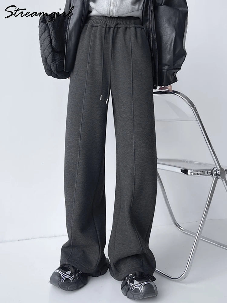 Streamgirl Thick Warm Straight Pants For Women Office Brown Wide Leg Trousers High Waist Women's Loose Pants For Ladies Spring