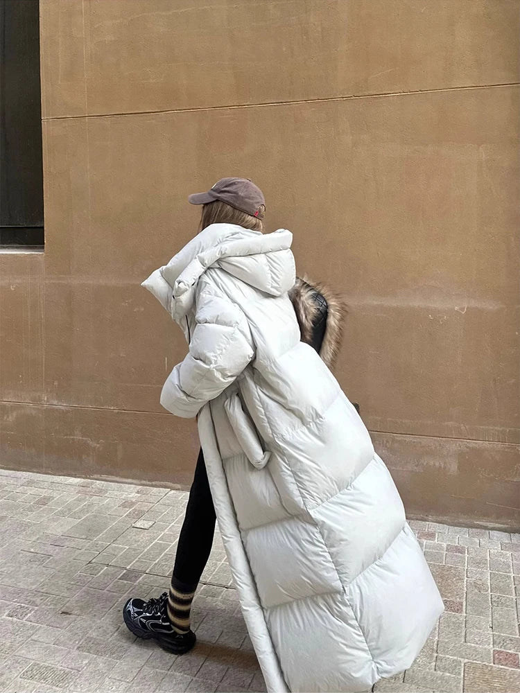 Winter Thick Long Hooded Down Jacket Female Solid Warm Outdoor Parkas Outwears Women White Duck Down Knee Length Down Jackets