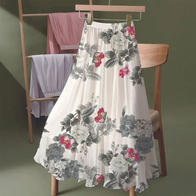 Women's Floral Skirt High Waist Long New 2025 Printed Chiffon Skirt Summer Woman Skirts Mujer Faldas Umbrella Skirt A963