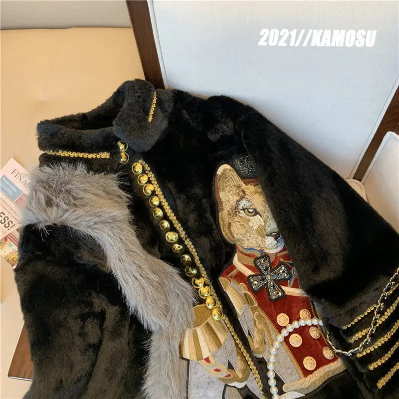 Chic Cartoon Embroidery Faux Mink Fur Faux Leather Spliced Coat Retro Metal Buttons Velvet Jacket OL Furry Cardigan Tops Jaqueta