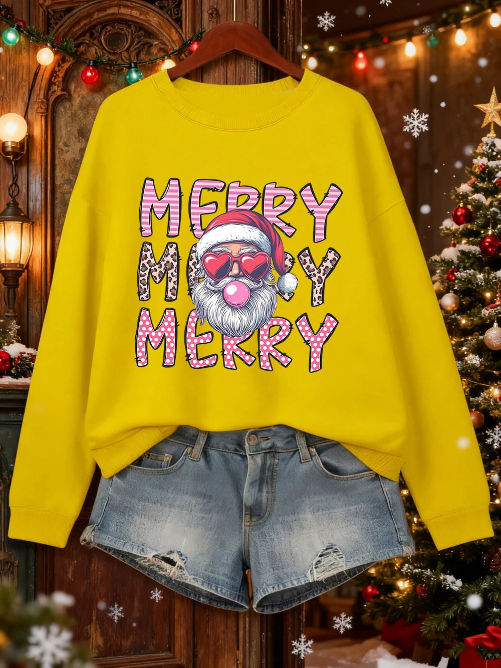 Merry Christmas Santa Claus Printed Sweatshirts Women Loose Casual Hoodies Fleece Warm Crewneck Pullover Winter Soft Clothes