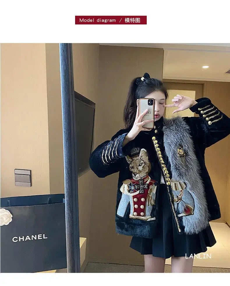 Chic Cartoon Embroidery Faux Mink Fur Faux Leather Spliced Coat Retro Metal Buttons Velvet Jacket OL Furry Cardigan Tops Jaqueta