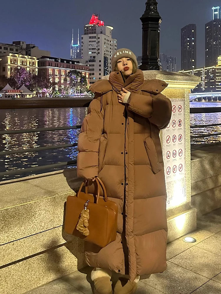 Winter Thick Long Hooded Down Jacket Female Solid Warm Outdoor Parkas Outwears Women White Duck Down Knee Length Down Jackets