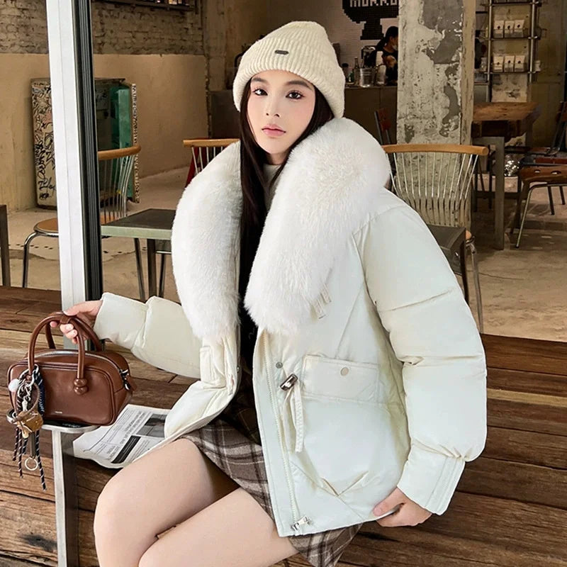 2025 Fashion Big Fur Collar Down Cotton-padded Jacket Women's Short Parkas Winter Streetwear Outerwear Lady Thicken Loose Coats