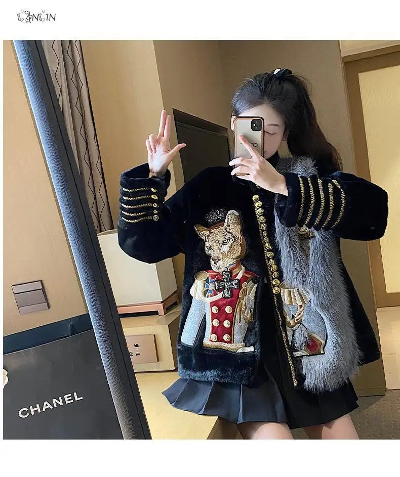 Chic Cartoon Embroidery Faux Mink Fur Faux Leather Spliced Coat Retro Metal Buttons Velvet Jacket OL Furry Cardigan Tops Jaqueta