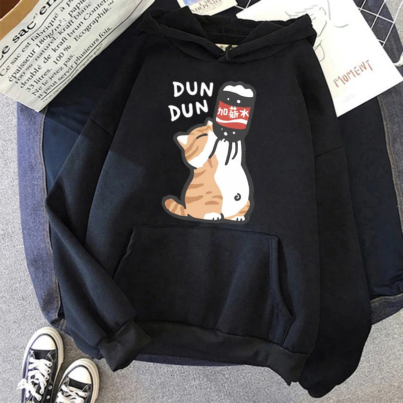 Cat Drinking Beverages Print Sweatshirts Clothes Women Casual 90s Kangaroo Pocket Hoodies Unisex Fashion Funny Hooded Pullovers