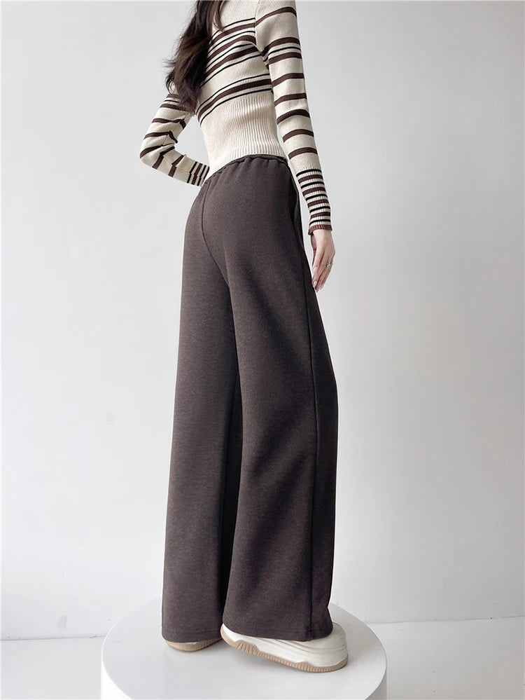 Streamgirl Thick Warm Straight Pants For Women Office Brown Wide Leg Trousers High Waist Women's Loose Pants For Ladies Spring