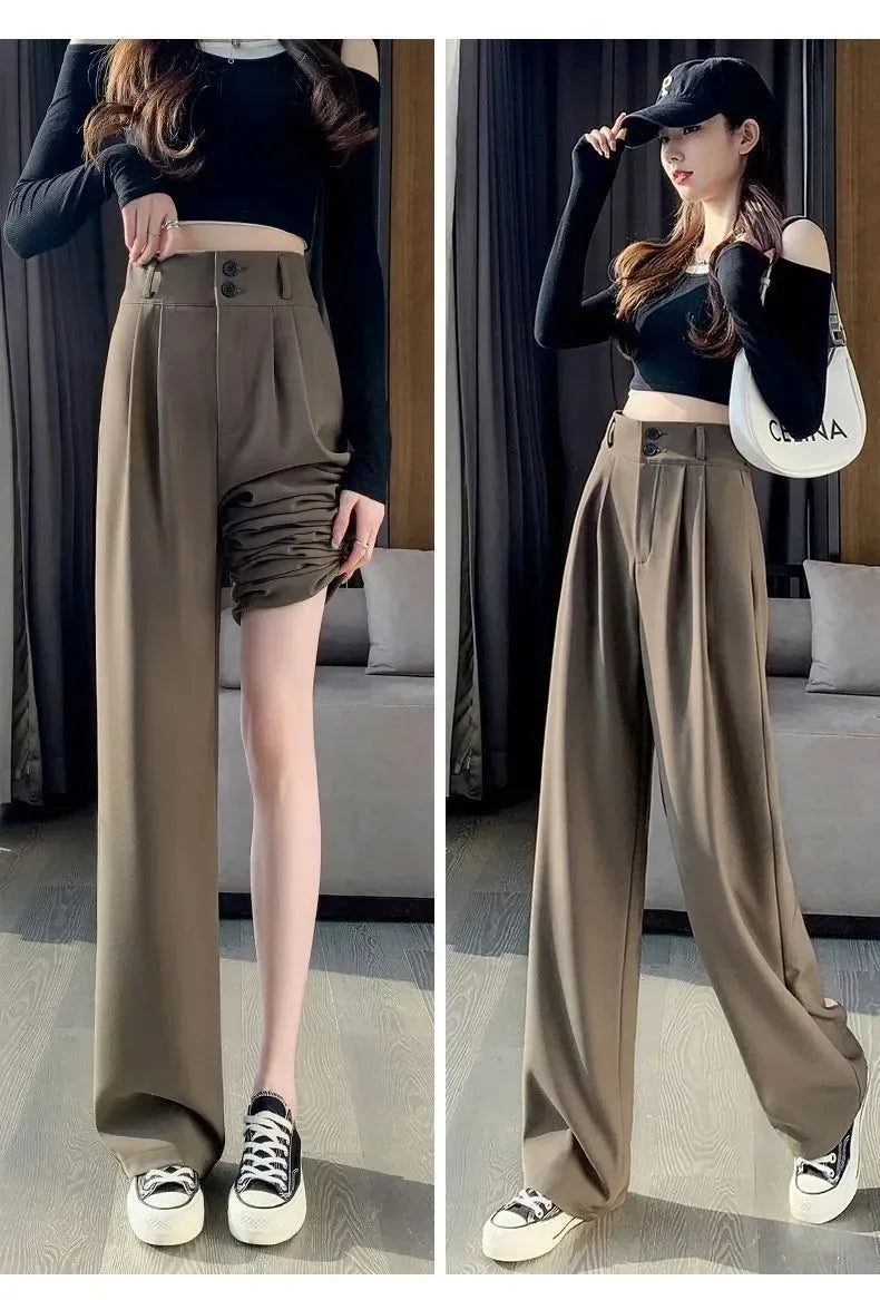 Korean style high waisted black loose pants for office ladies, fashionable loose suit pants for street wear, straight leg pants
