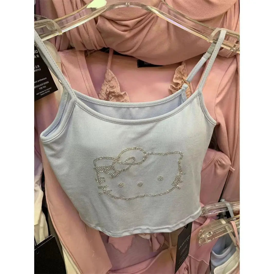 Kawaii Hellokitty Fashion Women Clothing Y2K Tops with Breast Pad Cute T-Shirt Girls Summer Cropped Tops White Sexy Suspender