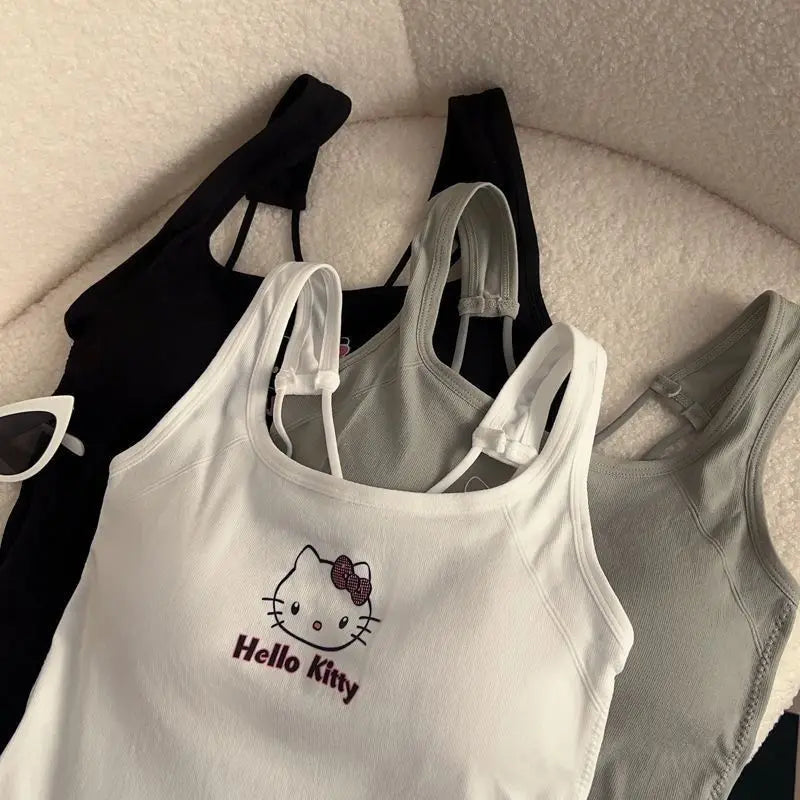 Kawaii Hellokitty Fashion Women Clothing Y2K Tops with Breast Pad Cute T-Shirt Girls Summer Cropped Tops White Sexy Suspender