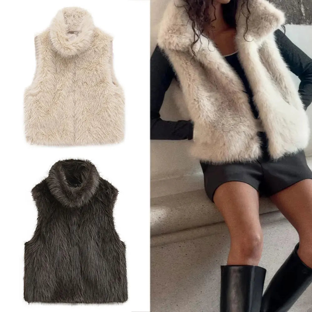 HH Women Elegant Solid Faux Fur Waistcoats Turtleneck Sleeveless Vest Coat Autumn Winter Fashion Hight Street Lady Outfit