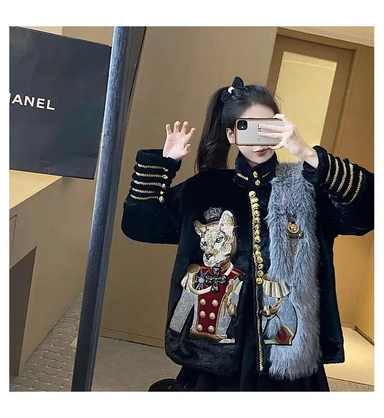 Chic Cartoon Embroidery Faux Mink Fur Faux Leather Spliced Coat Retro Metal Buttons Velvet Jacket OL Furry Cardigan Tops Jaqueta