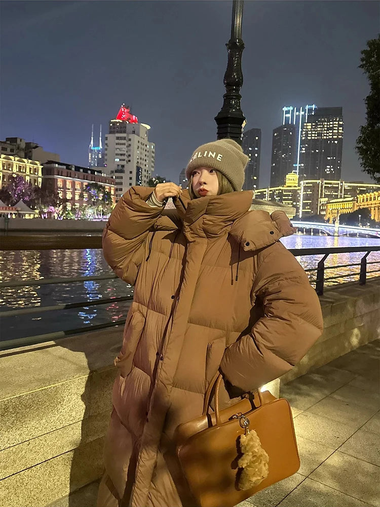 Winter Thick Long Hooded Down Jacket Female Solid Warm Outdoor Parkas Outwears Women White Duck Down Knee Length Down Jackets