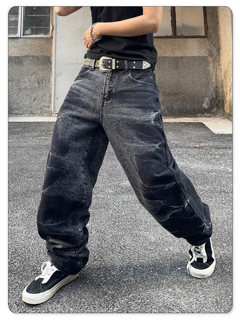 Autumn Men's Black Personalized Straight Leg Retro Jeans American Street Splashed Ink Loose Unisex Denim Pants Trendy Trousers