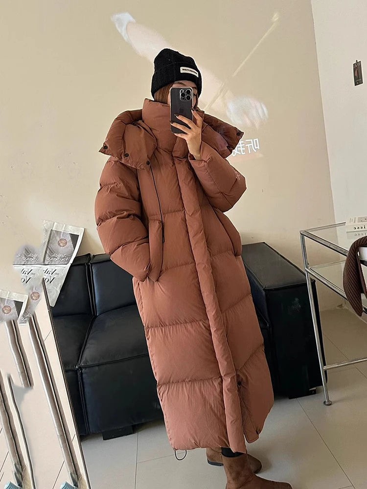 Winter Thick Long Hooded Down Jacket Female Solid Warm Outdoor Parkas Outwears Women White Duck Down Knee Length Down Jackets