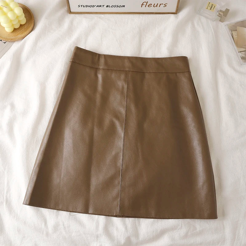 Faux Leather Mini Skirt for Women High Rise A-line PU Short Skirt with Built-in Shorts Black Brown Autumn Winter Trend Outfit