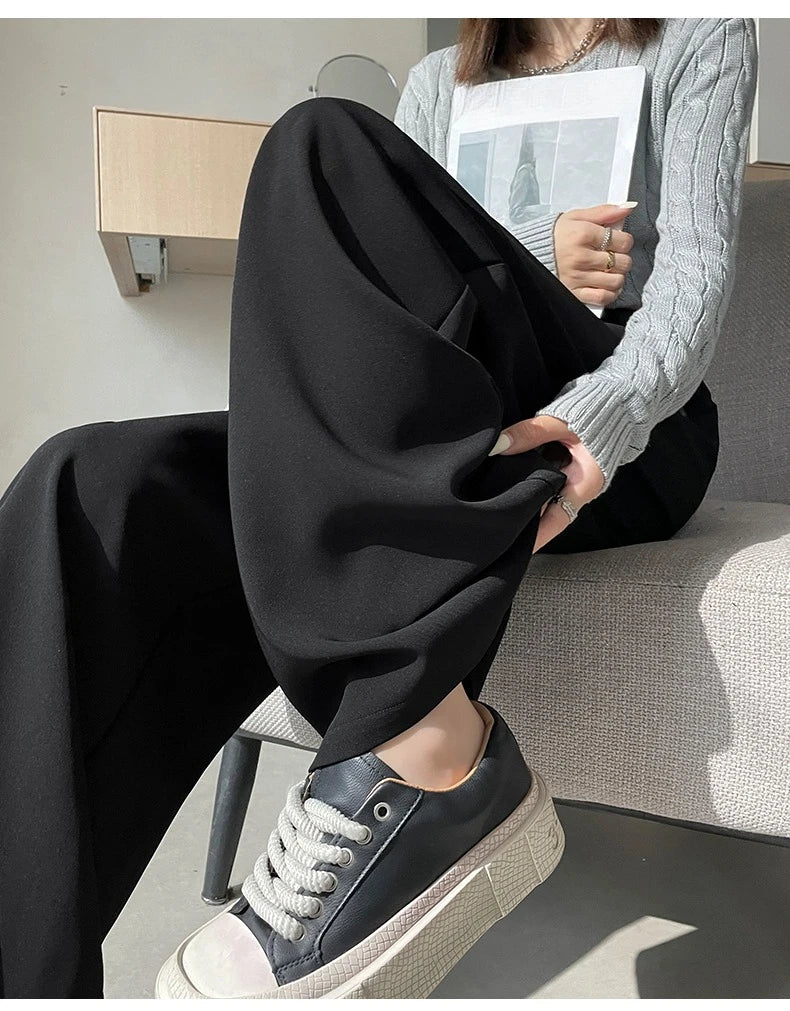High Waist Autumn Winter Vintage Button Women's Wide Leg Pants 2025 New Loose Solid Korean Straight Full Length Trousers Female