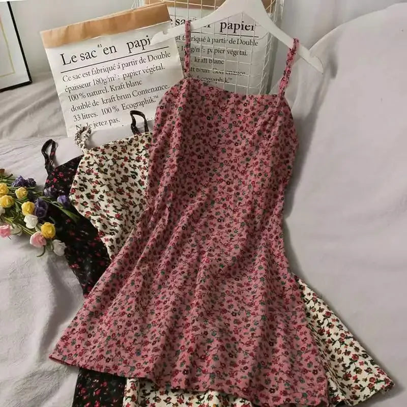 Summer New Retro Print Short Backless Dress Women High Waist Slim Sleeveless Floral Halter Skirt Mini Dress Female Fashion