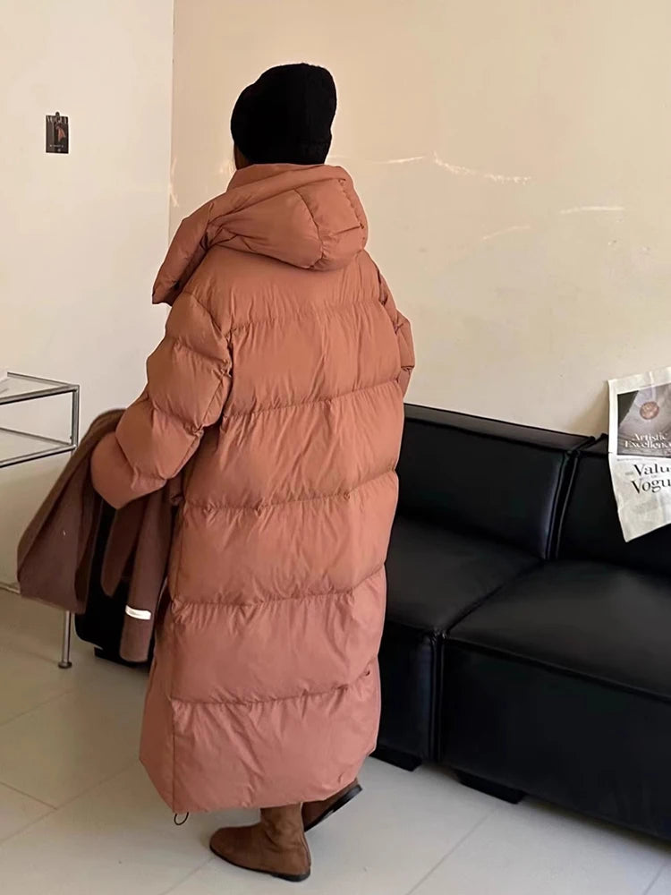 Winter Thick Long Hooded Down Jacket Female Solid Warm Outdoor Parkas Outwears Women White Duck Down Knee Length Down Jackets