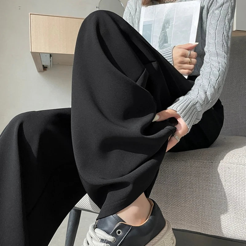 High Waist Autumn Winter Vintage Button Women's Wide Leg Pants 2025 New Loose Solid Korean Straight Full Length Trousers Female