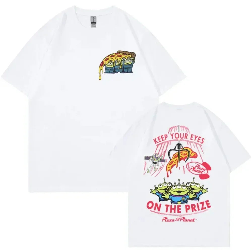 Double Sided Fun Pizza Planet Design T-shirt  Women's Fashion Cartoon T-shirt  Casual Short Sleeve T-shirt