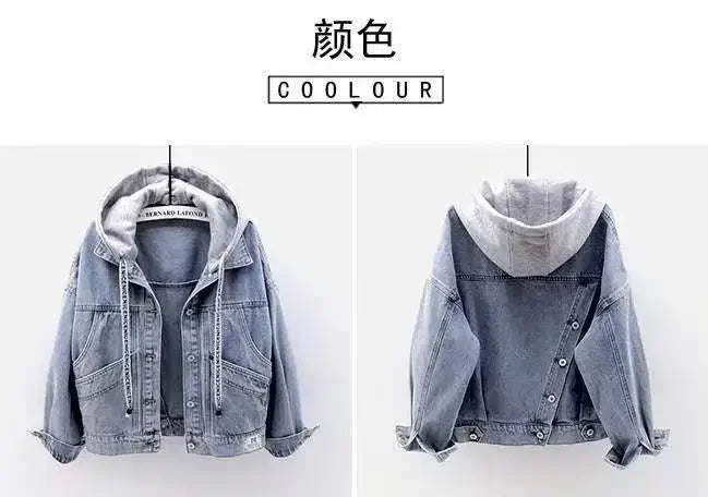 Spring Autumn Long Sleeves Hooded Women Denim Coat Jacket Korean Big Pockets Jean Jacket for Women Fashion Single-breasted Tops